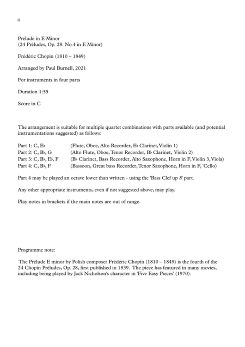 Prélude in E Minor, arranged for instruments in four parts image number null