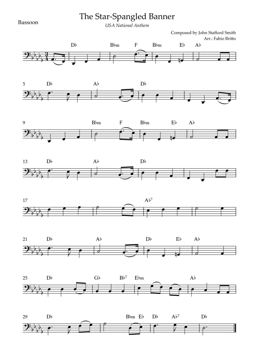The Star Spangled Banner (USA National Anthem) for Bassoon Solo with Chords (Db Major)