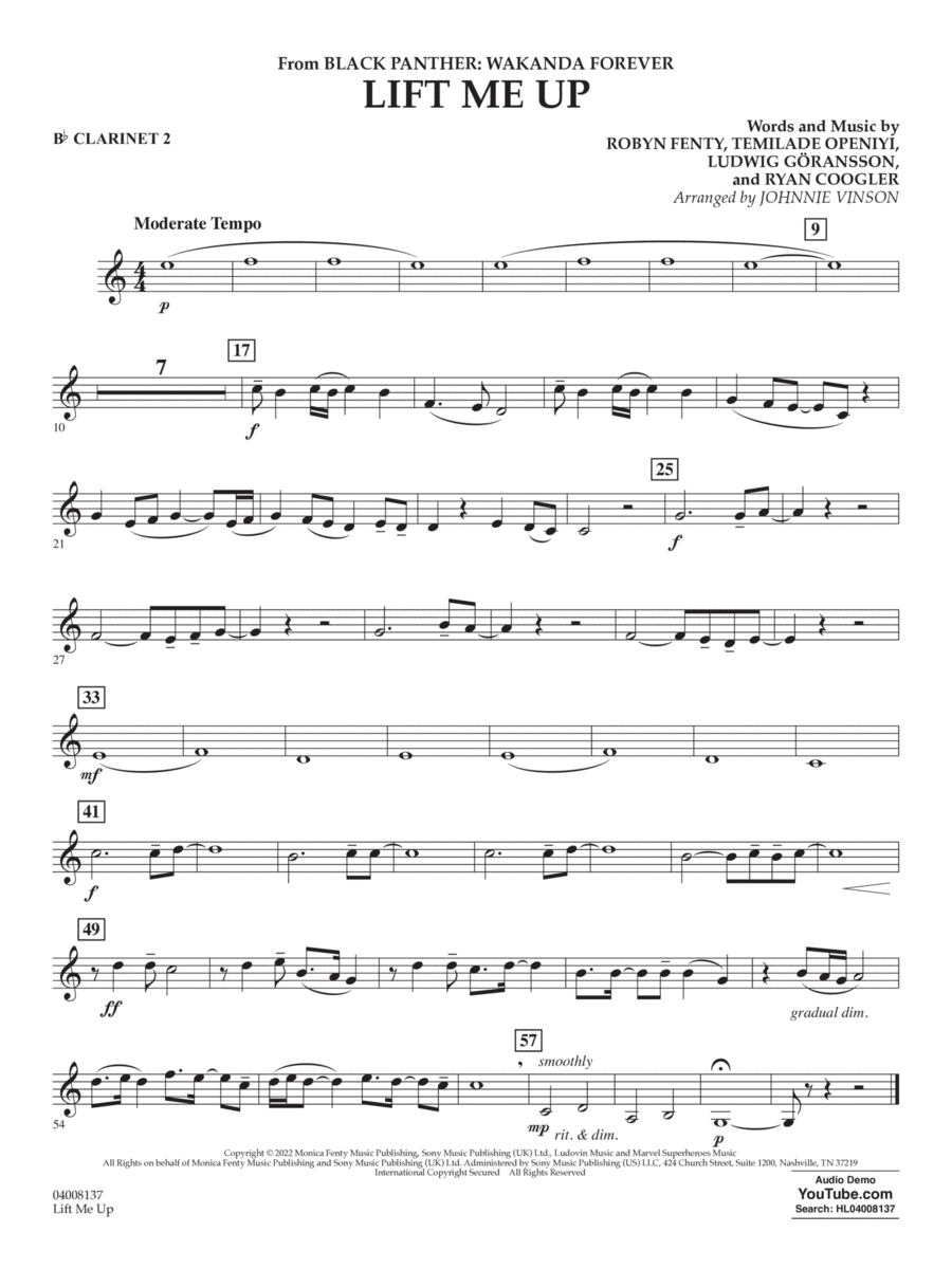 Lift Me Up (from Black Panther: Wakanda Forever) (arr. Vinson) - Bb Clarinet 2