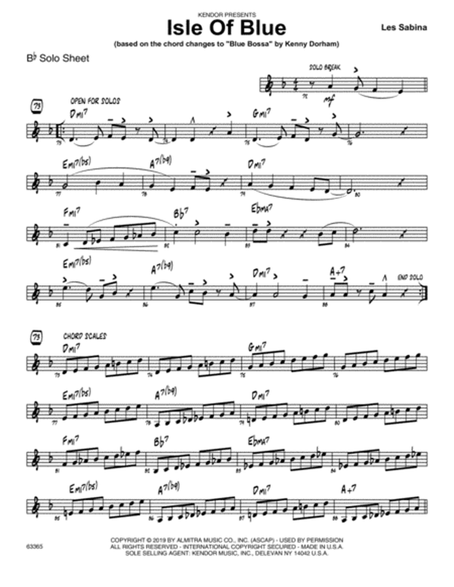 Isle Of Blue (based on the chord changes to "Blue Bossa") - Bb Solo Sheet