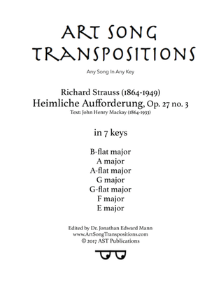 Book cover for STRAUSS: Heimliche Aufforderung, Op. 27 no. 3 (in 7 keys: B-flat, A, A-flat, G, G-flat, F, E major)