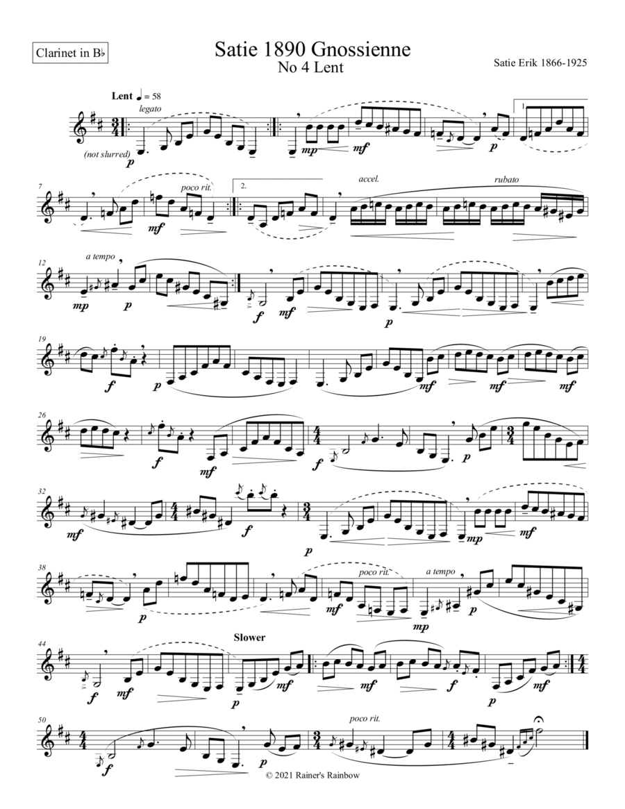 Satie 1890 Gnossienne No 4 Lent for unaccompanied solo Clarinet