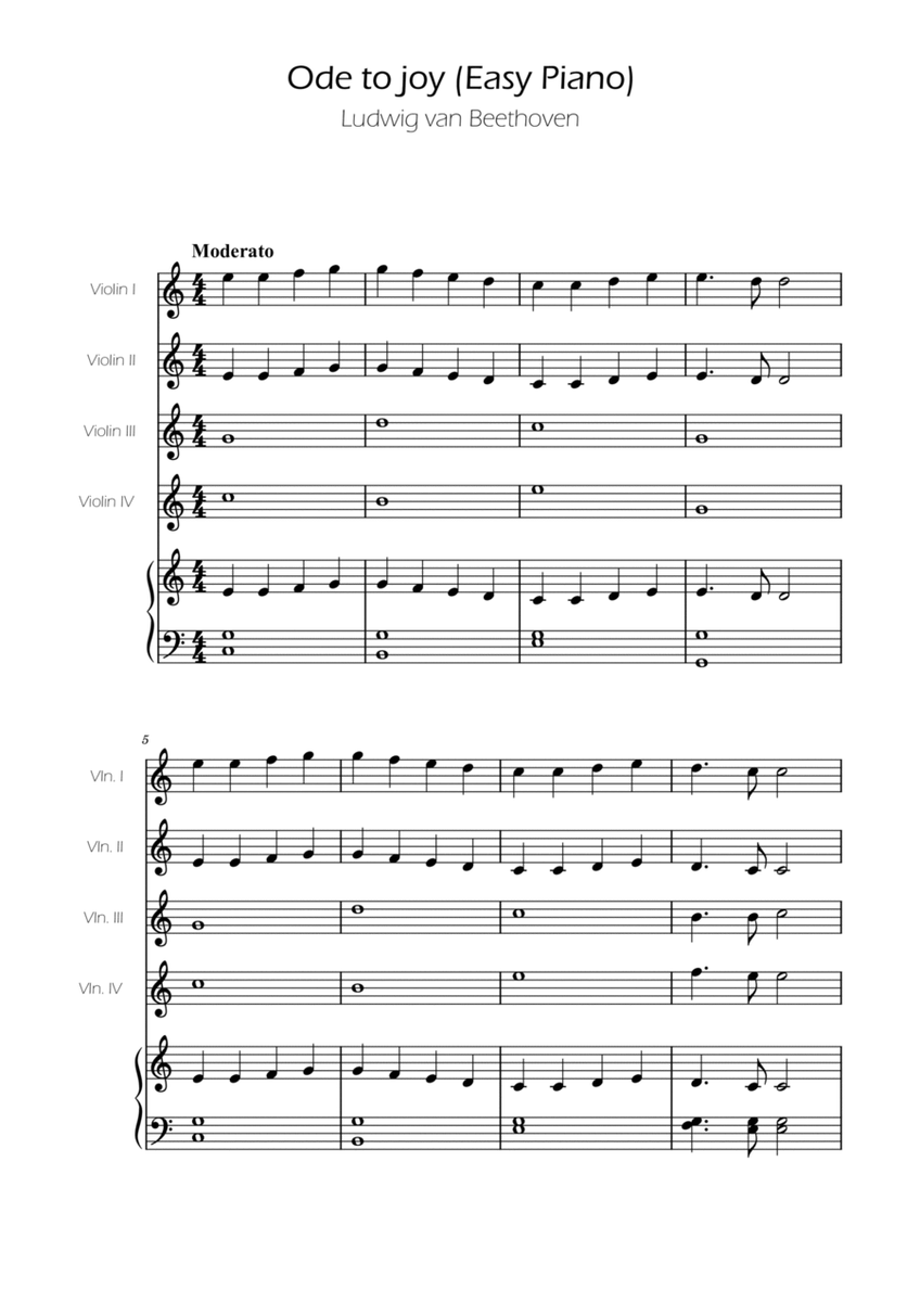 Ode To Joy - Easy Violin Quartet w/ Piano Accompaniment image number null