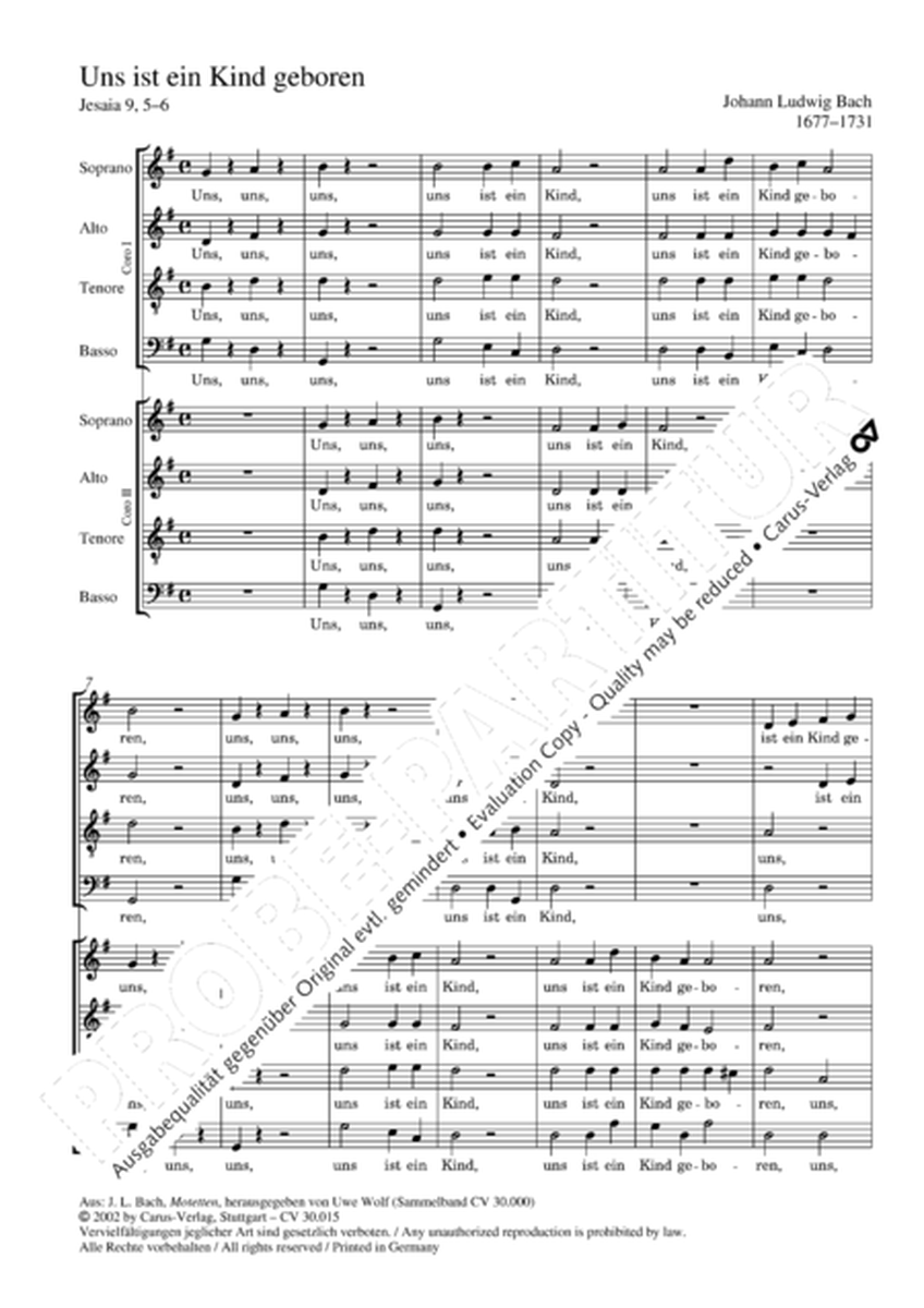 For us a child is born (Uns ist ein Kind geboren) by Johann Ludwig Bach 4-Part - Sheet Music
