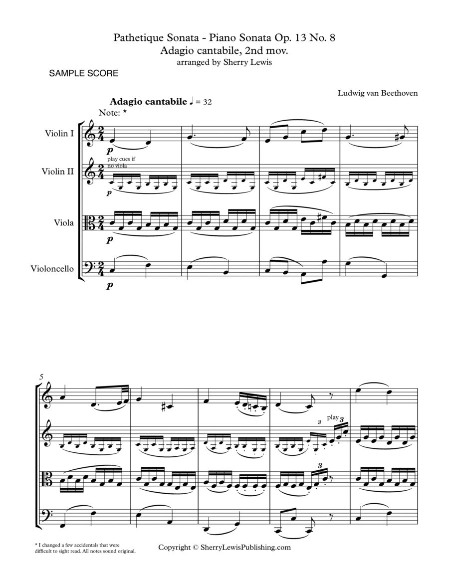 PATHETIQUE SONATA, Adagio cantabile, 2nd mov. Op. 13, No. 8 String Quartet, Intermediate Level for image number null