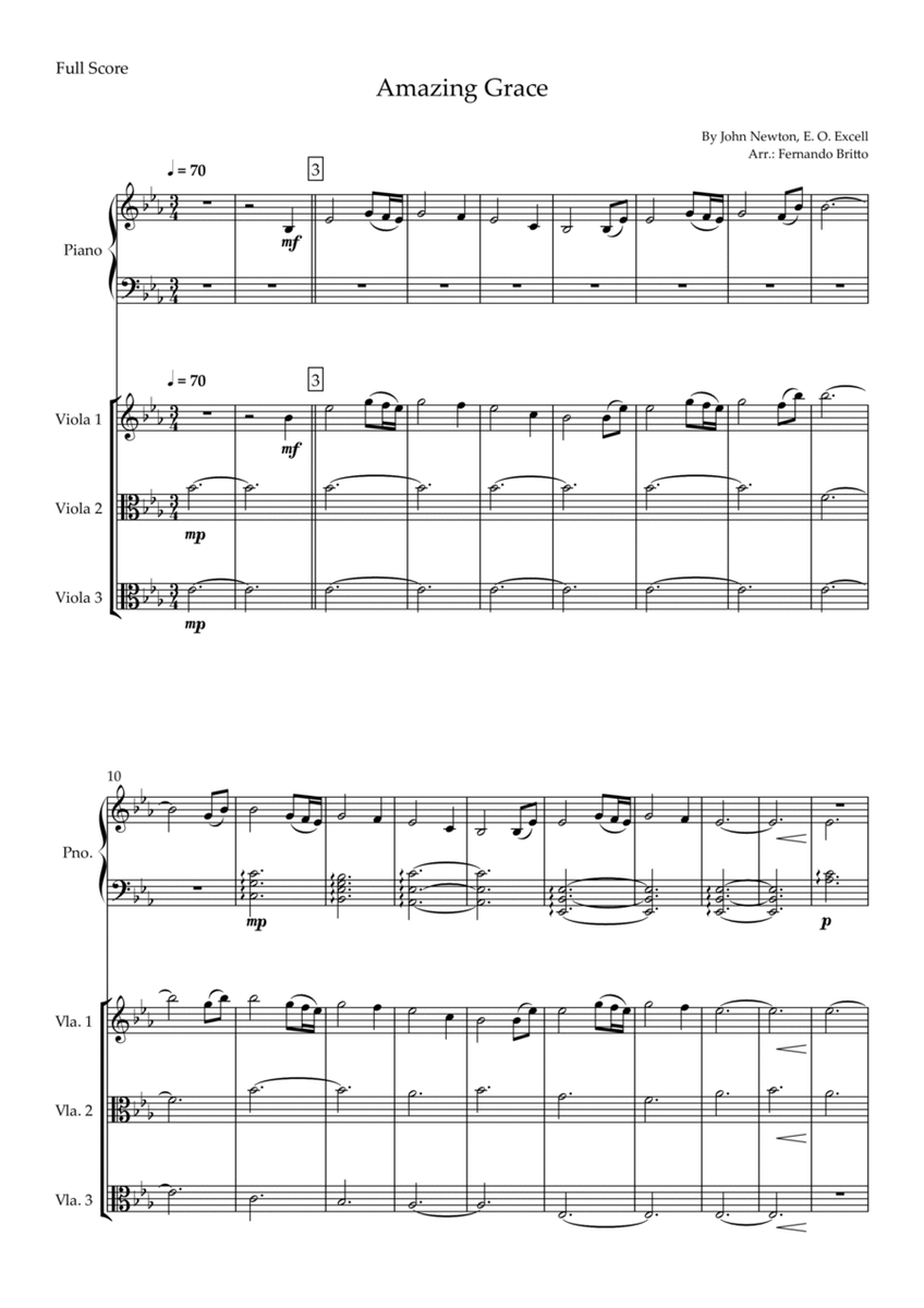 Amazing Grace (John Newton, E. O. Excell) for Viola Trio and and Piano Accompaniment with Chords image number null