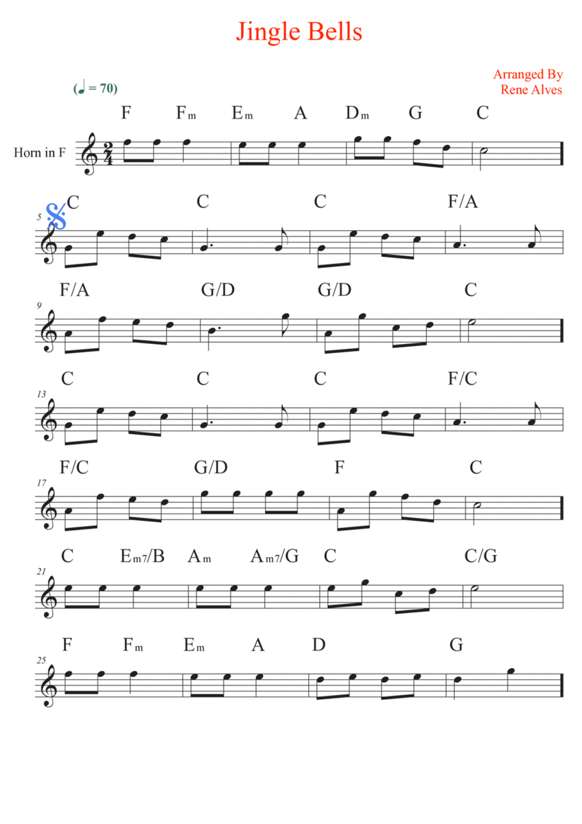 jingle bells, Christmas music of cipher and melody for Horn in F image number null