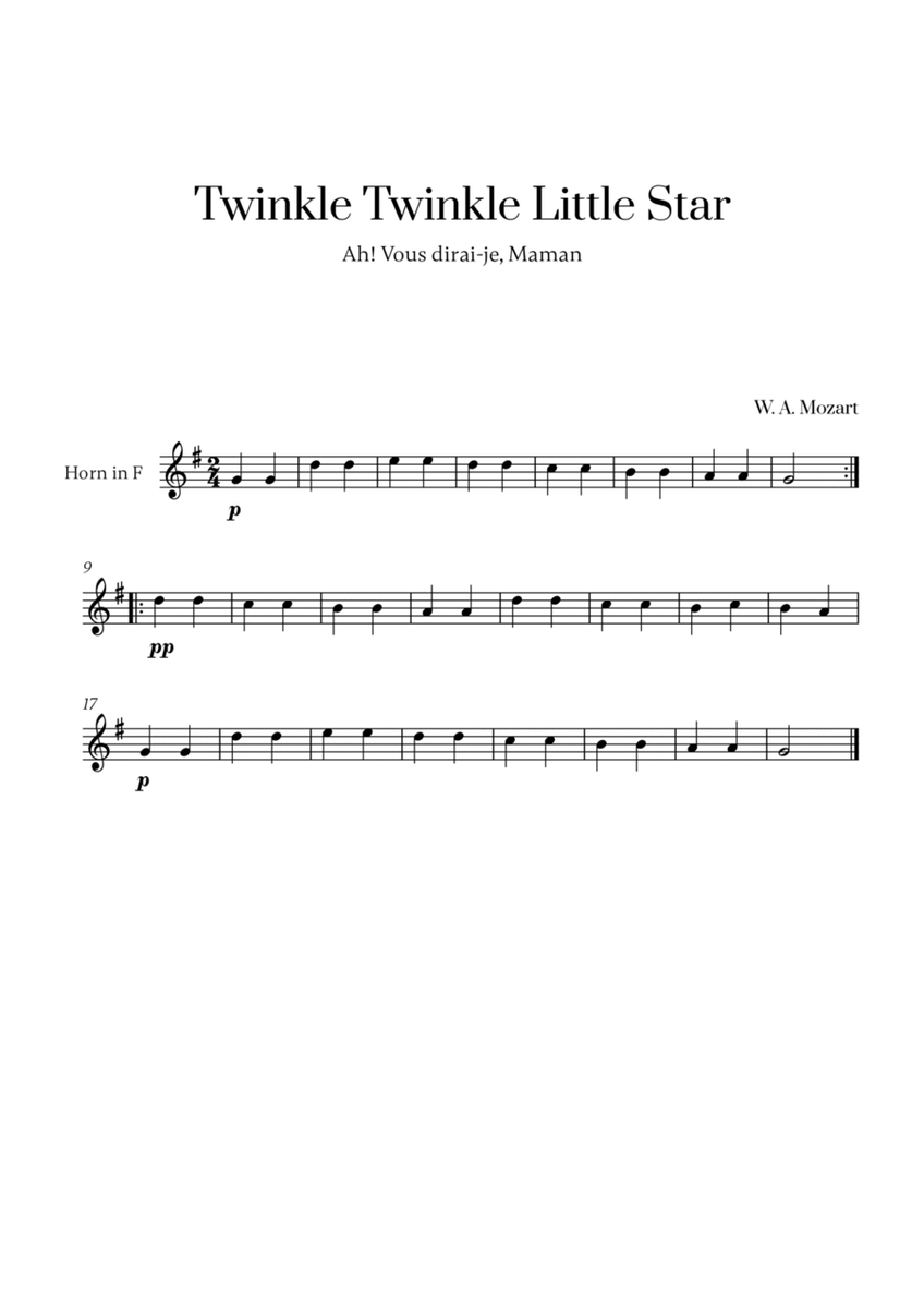 W. A. Mozart - Twinkle Twinkle Little Star for French Horn Solo image number null