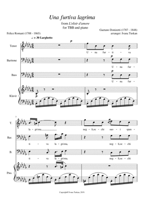 Una furtiva lagrima, for TBB and piano, B flat minor