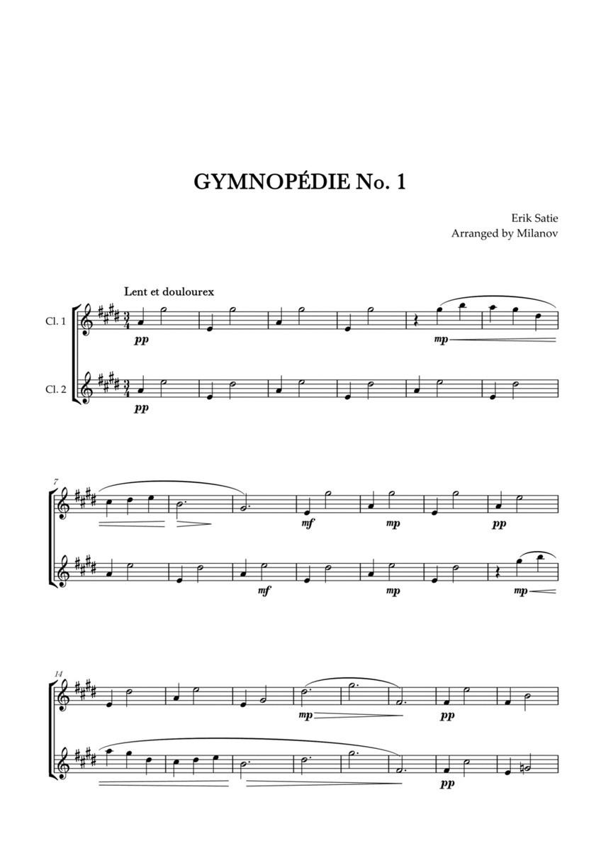 Gymnopédie no 1 | Clarinet in Bb Duet | Original Key |Easy intermediate image number null