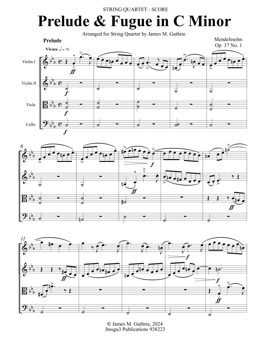 Mendelssohn: Prelude & Fugue in C Minor Op. 37 No. 1 for String Quartet image number null