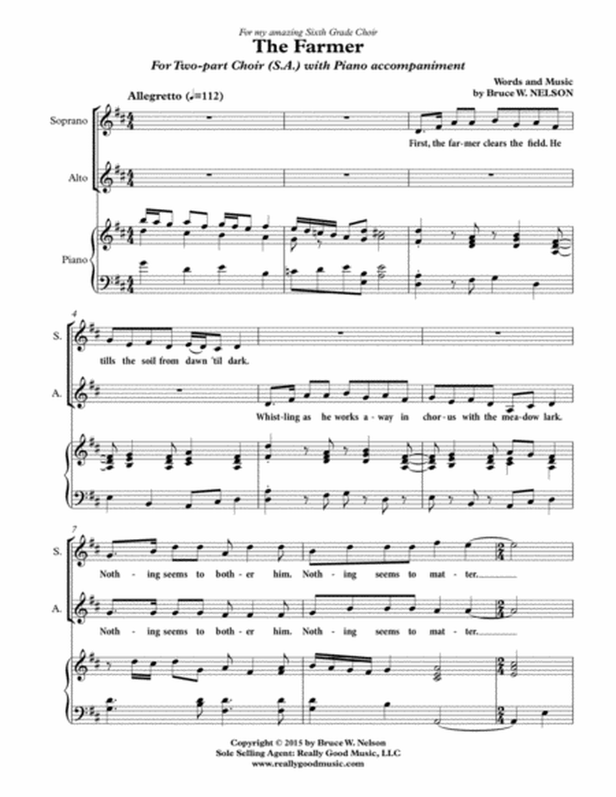 Bruce W. NELSON: The Farmer, Two-part choir (S.A.) arrangement with Piano accompaniment