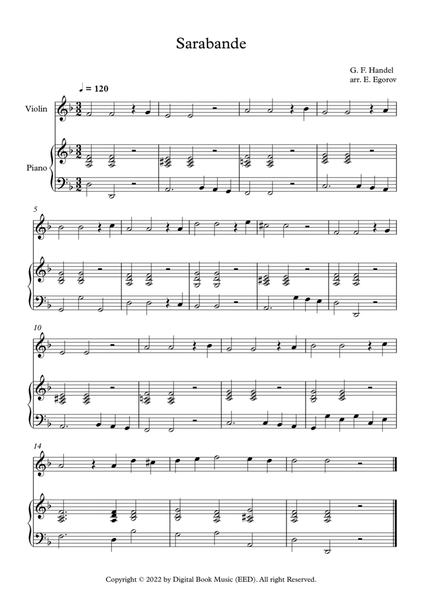 Sarabande - George Frideric Handel (Violin + Piano) by George Frideric Handel Violin Solo - Digital Sheet Music
