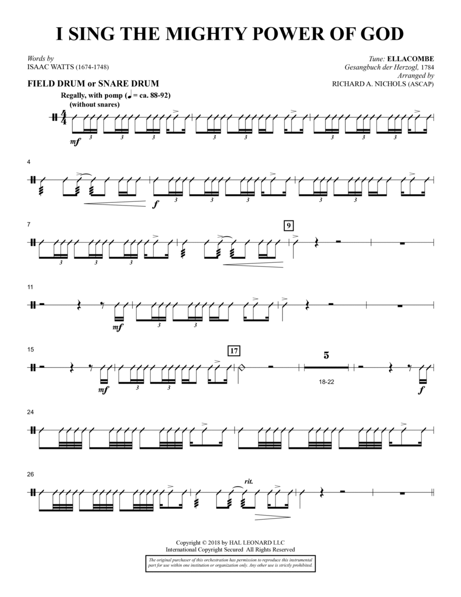 I Sing the Mighty Power of God (arr. Richard Nichols) - Snare Drum/Field Drum