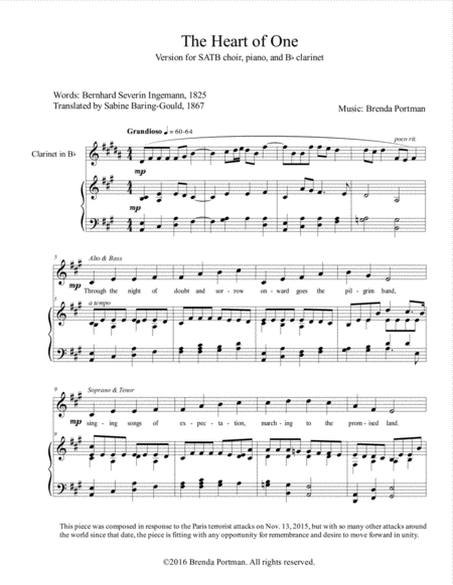 The Heart of One (SATB/piano/clarinet) - Brenda Portman