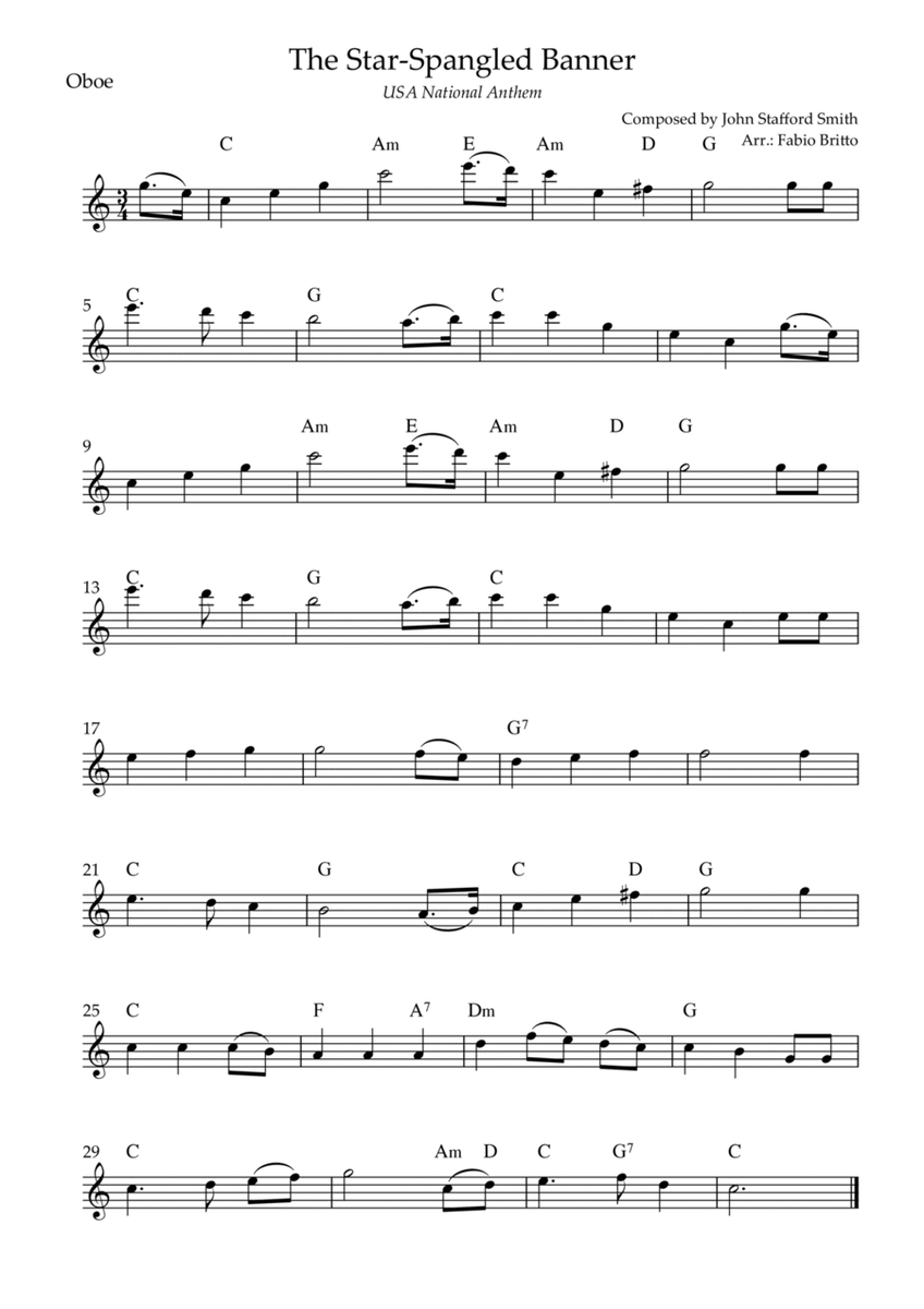 The Star Spangled Banner (USA National Anthem) for Oboe Solo with Chords (C Major)