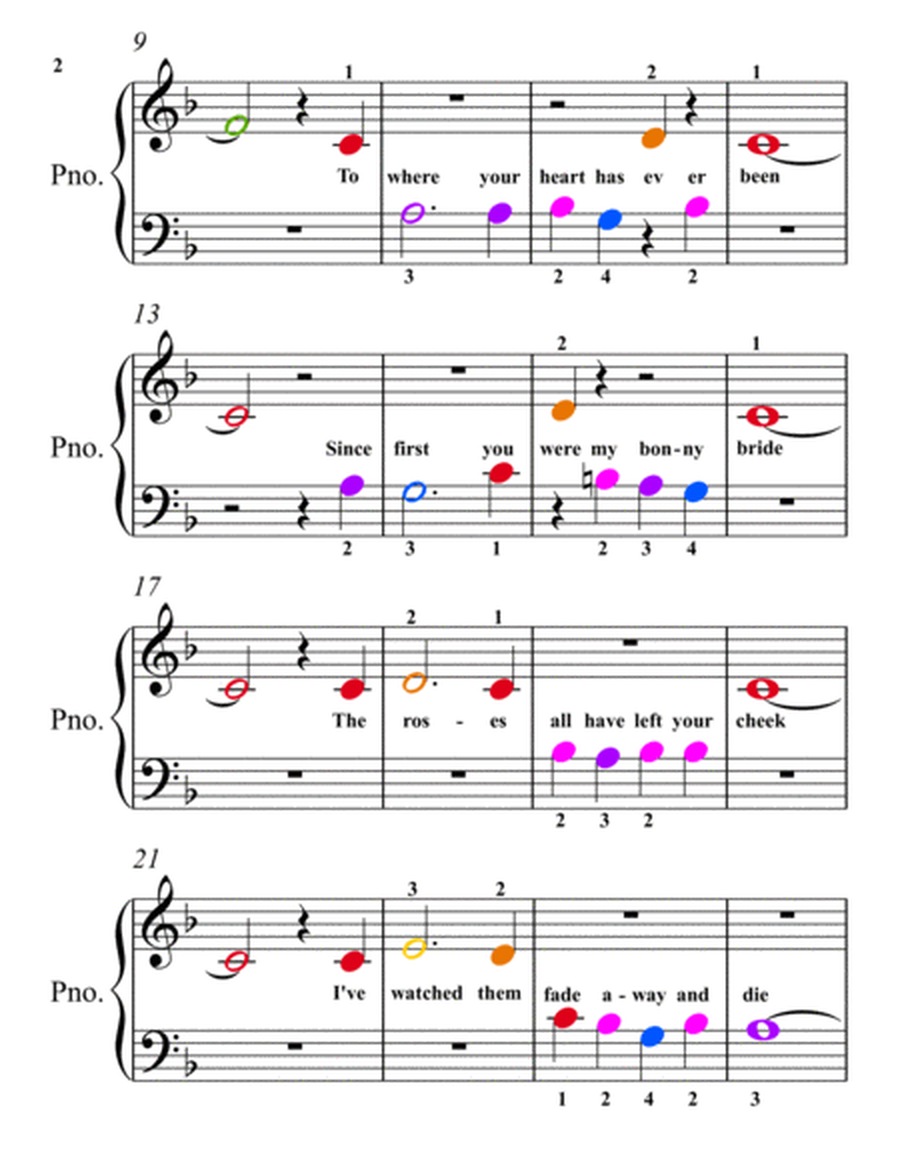 I'll Take You Home Again Kathleen Beginner Piano Sheet Music with Colored Notation