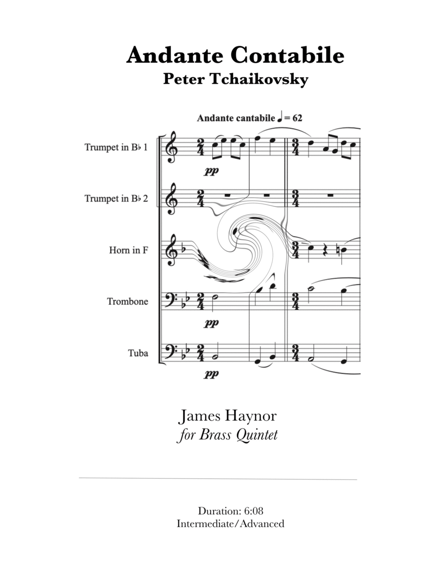 Andante Contabile for Brass Quintet by Peter Ilyich Tchaikovsky Brass Quintet - Digital Sheet Music