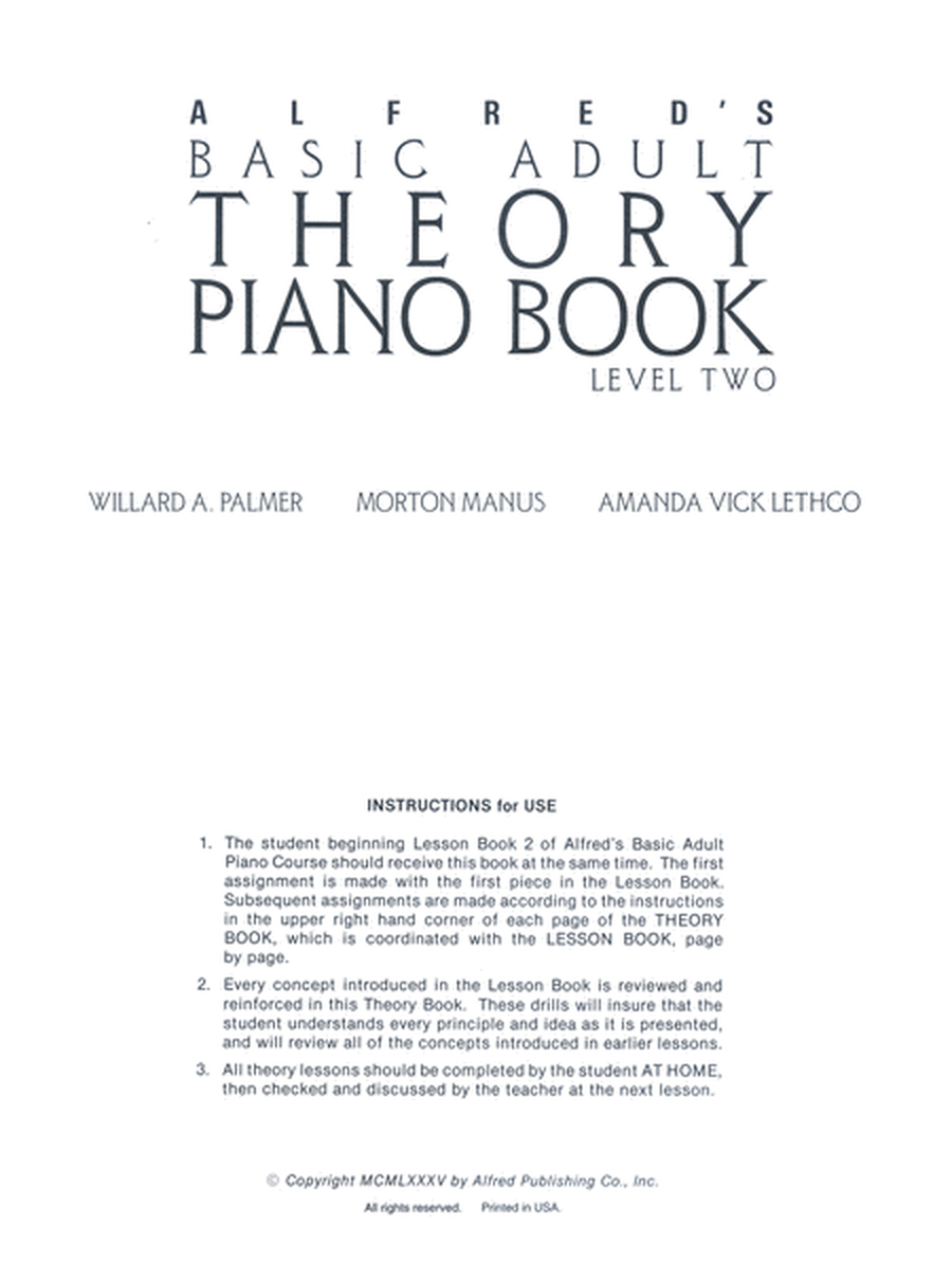 Alfred's Basic Adult Piano Course Theory, Book 2