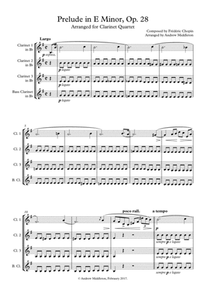 Book cover for Prelude in E Minor, Op. 28, for Clarinet Quartet