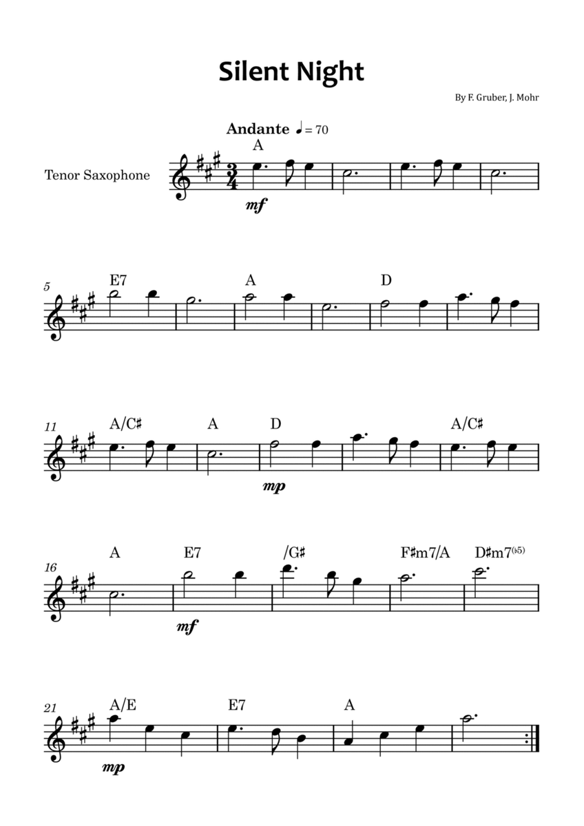 Silent Night - Tenor saxophone solo with chord symbols image number null