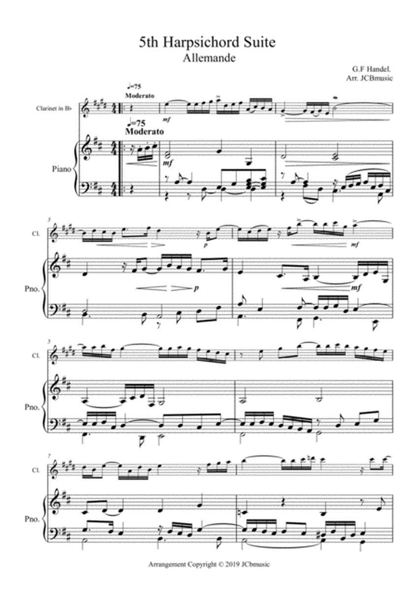Allemande from 5th Harpsichord suite Arrangement for Clarinet in Bb and piano image number null