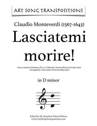 Book cover for MONTEVERDI: Lasciatemi morire! (transposed to D minor, C-sharp minor, and C minor)