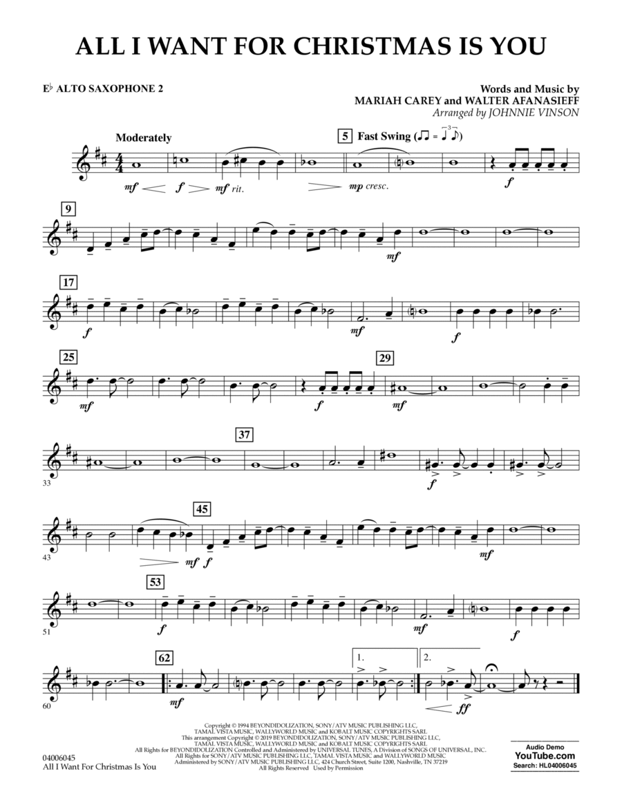 All I Want For Christmas Is You (arr. Johnnie Vinson) - Eb Alto Saxophone 2