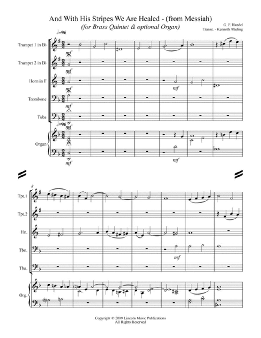 Handel - And With His Stripes We Are Healed (from Messiah) (for Brass Quintet & optional Organ) by George Frideric Handel Brass Ensemble - Digital Sheet Music
