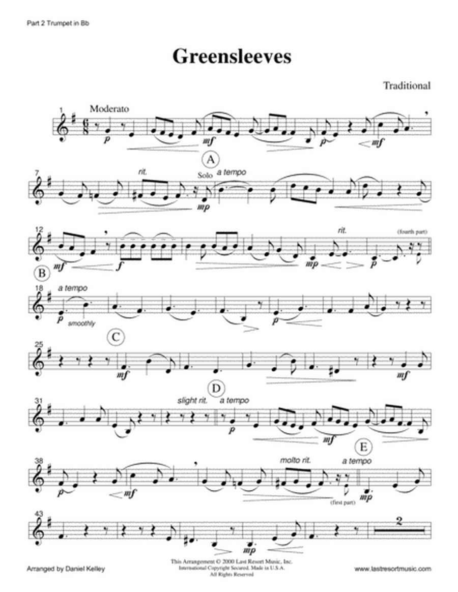 Greensleeves (What Child Is This?) for Brass Quartet (2 Trumpets, French Horn, Bass Trombone or Tuba