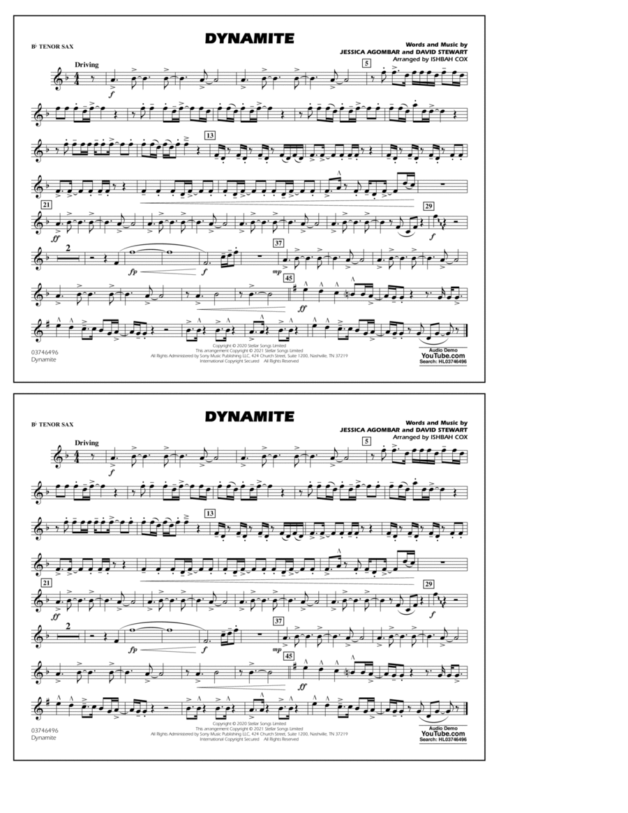 Dynamite (arr. Ishbah Cox) - Eb Baritone Sax