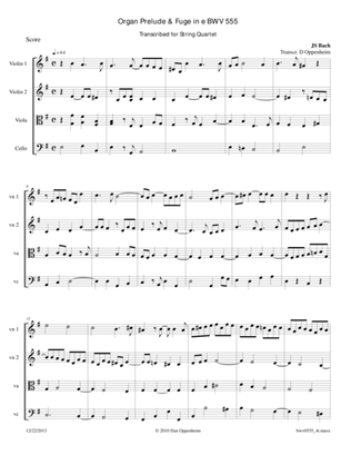 Book cover for Bach: Prelude & Fugue in E Minor BWV 555 transcribed for String Quartet