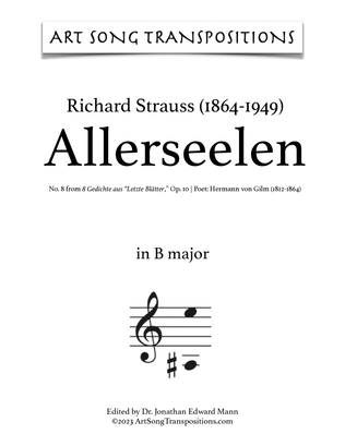 Book cover for STRAUSS: Allerseelen, Op. 10 no. 8 (transposed to B major and B-flat major)