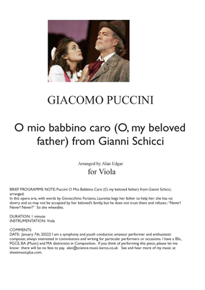 Book cover for O MIO BABBINO CARO (O, my beloved father) from Gianni Schicci, by G Puccini, arranged for unaccompan
