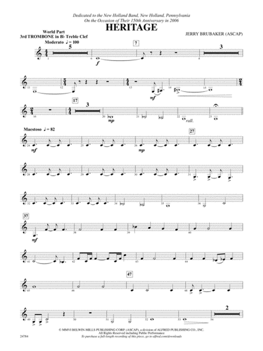 Heritage: (wp) 3rd B-flat Trombone T.C. by Jerry Brubaker Concert Band - Digital Sheet Music