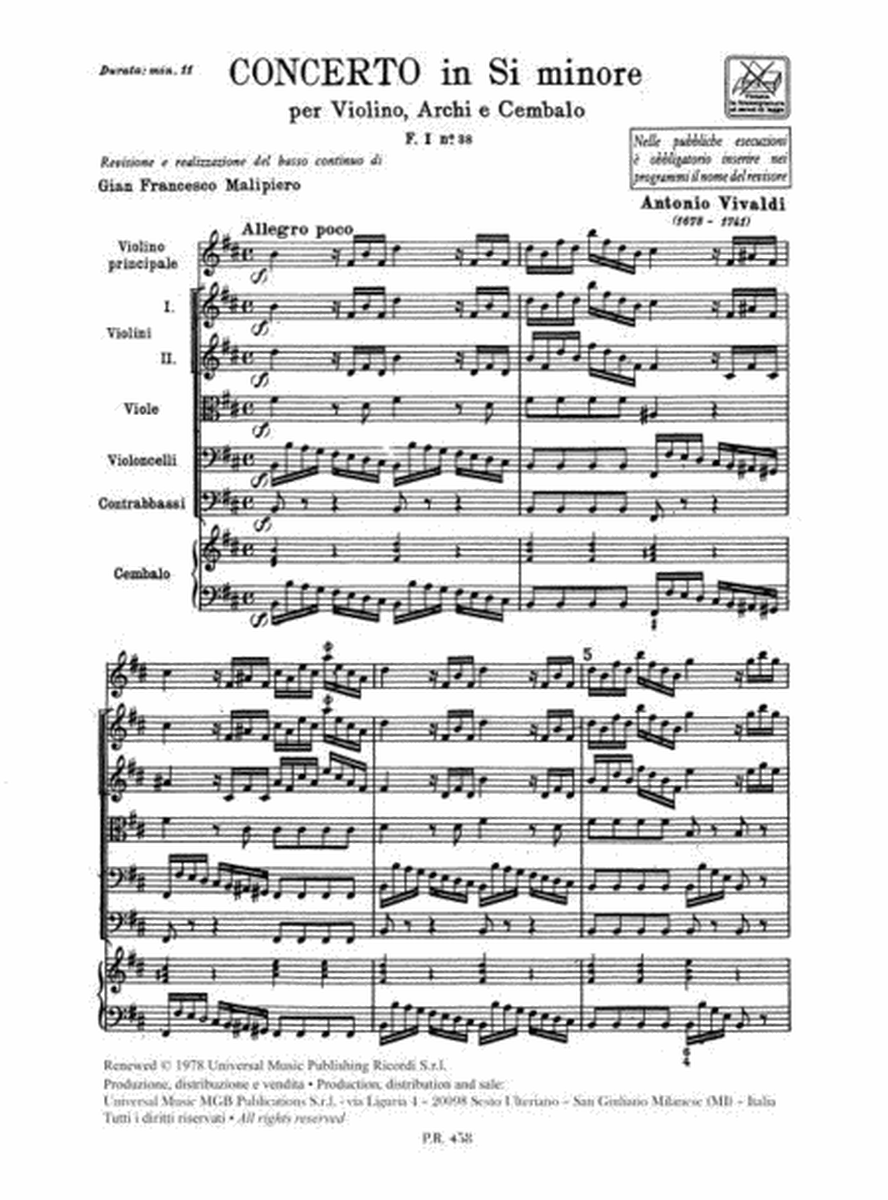 Concerto Per Violino, Archi E BC: In Si Min Rv 389