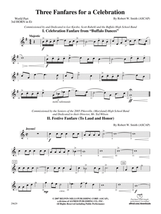 Book cover for Three Fanfares for a Celebration: (wp) 3rd Horn in E-flat