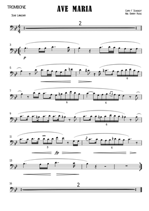 Ave Maria Schubert arr. for Trombone (Bass Clef Concert Pitch) & Piano