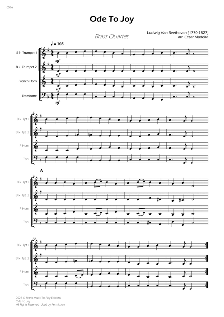 Ode To Joy - Easy Brass Quartet (Full Score) - Score Only image number null