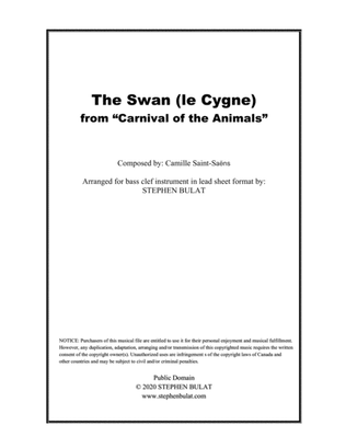 The Swan (Camille Saint-Saëns) - Lead sheet for bass clef instrument in original key of G