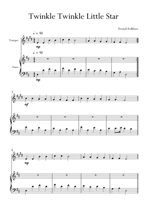 Book cover for Twinkle Twinkle Little Star in D Major for Trumpet and Piano. Very Easy.