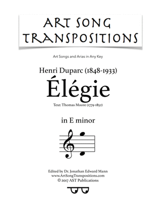 Book cover for DUPARC: Élégie (transposed to E minor)