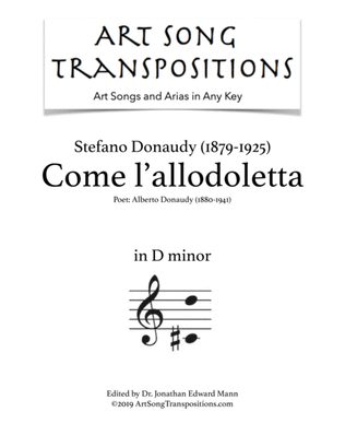 Book cover for DONAUDY: Come l'allodoletta (transposed to D minor)