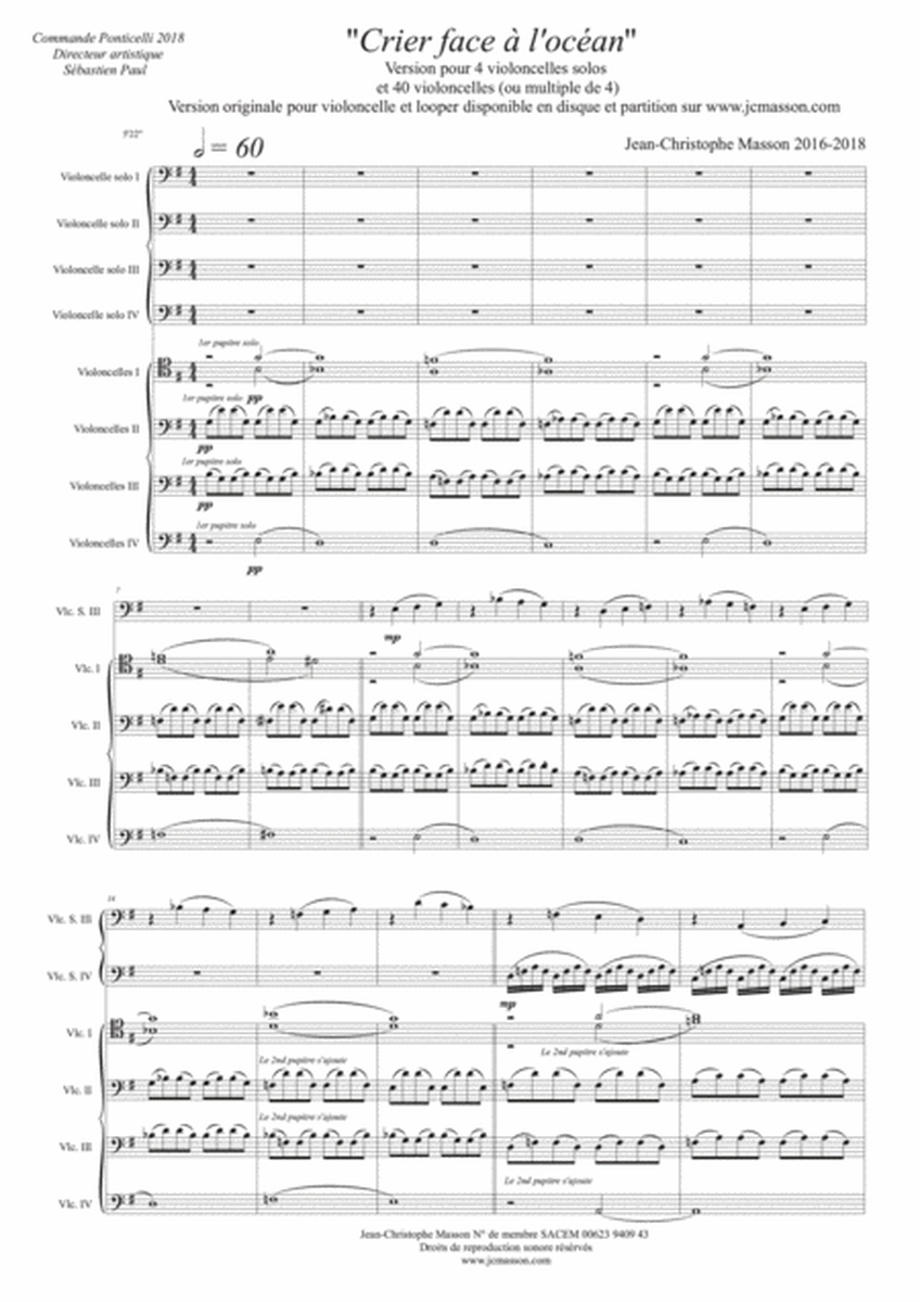Crier face à l'océan for cello ensemble with 12 parts or more - FULL SCORE AND PARTS - JCM2018