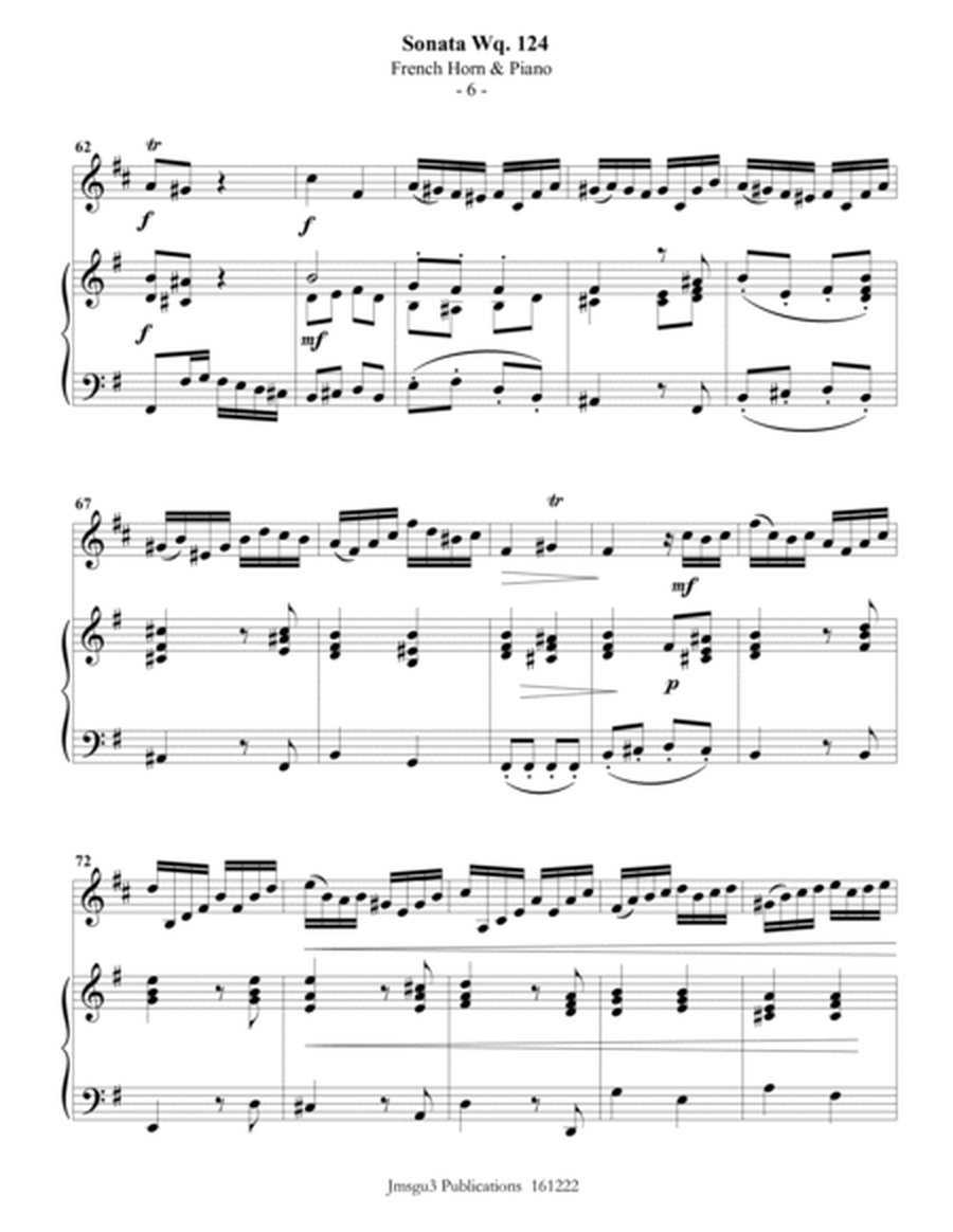 CPE BACH: Sonata in E Minor WQ124 for French Horn & Piano image number null