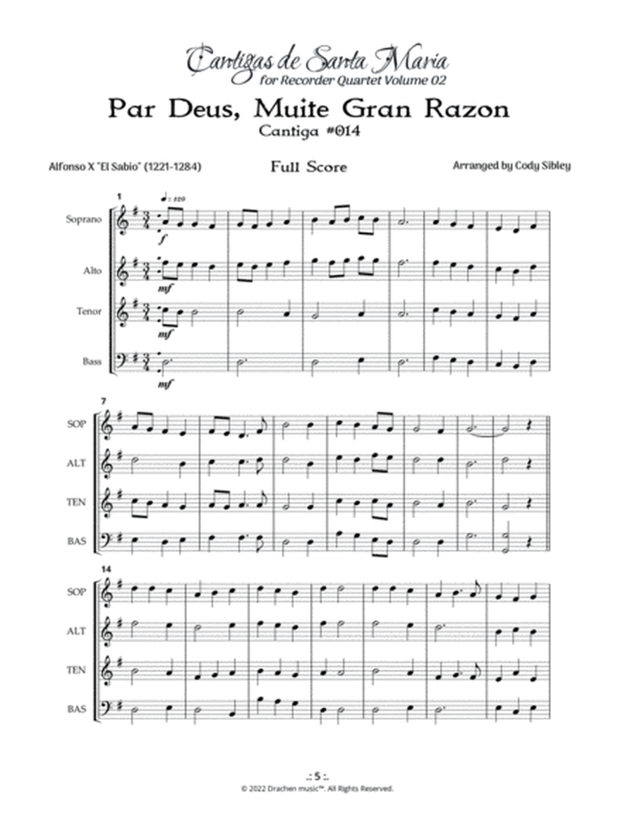 Cantigas de Santa Maria 014 Par Deus Muite Gran Razon for Recorder Quartet image number null