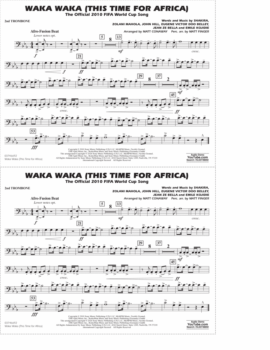 Waka Waka (This Time For Africa) (arr. Matt Conaway) - 2nd Trombone