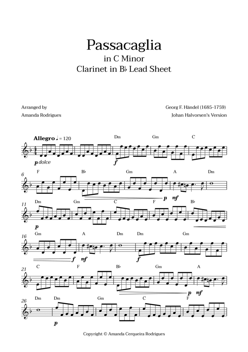 Passacaglia - Easy Clarinet in Bb Lead Sheet in Cm Minor (Johan Halvorsen's Version) image number null