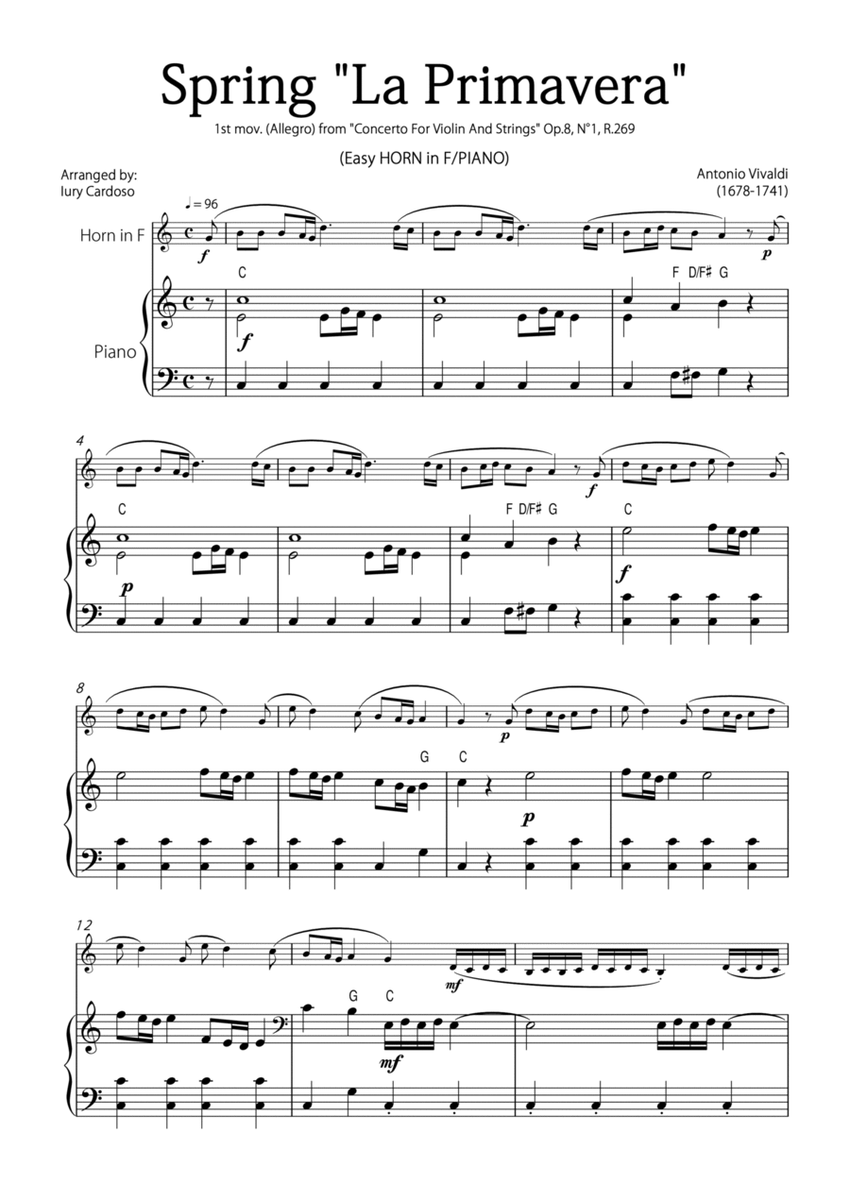 "Spring" (La Primavera) by Vivaldi - Easy version for HORN in F & PIANO image number null