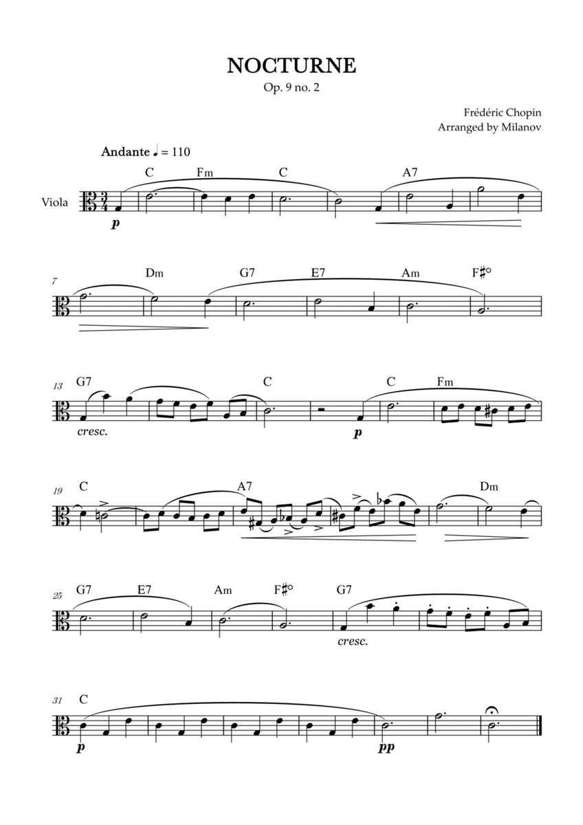 Chopin Nocturne op. 9 no. 2 | Viola | C Major | Chords | Easy beginner image number null